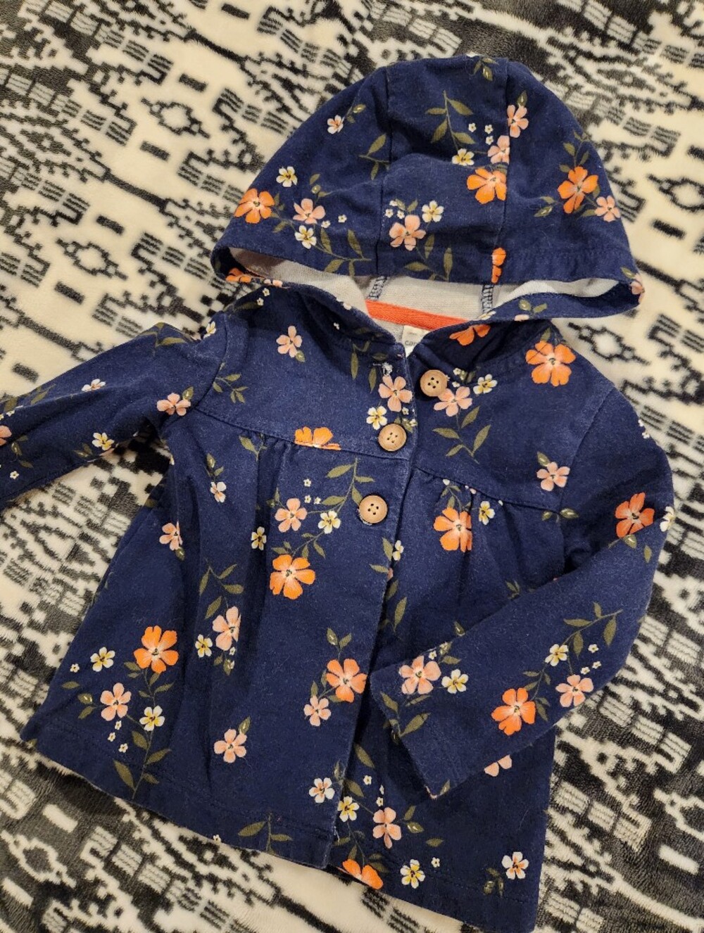 Carter's Navy Floral Hooded Coat with Orange & Pink Flowers, Size 18M